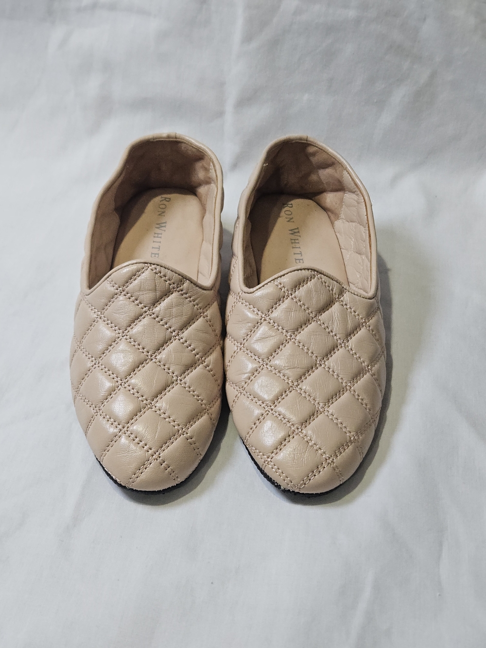 Quilted Slip-On Flats in Beige by Ron White